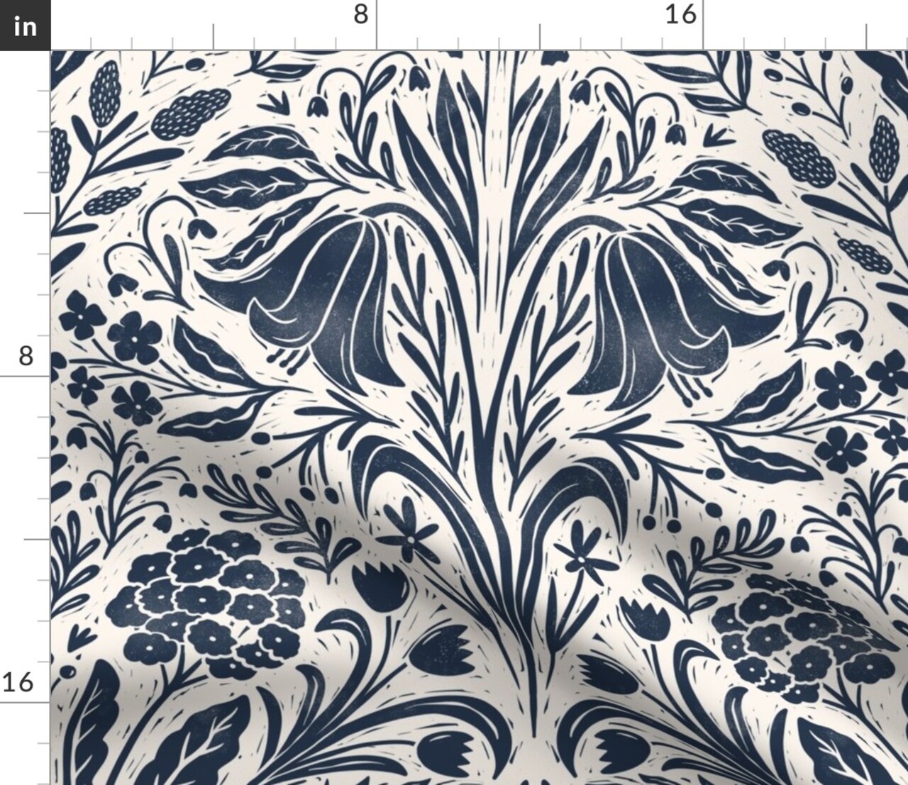 Navy Flowers Cream Blue Botanical Block Print Summer Garden Cottagecore Custom Printed Fabric by Spoonflower Various Fabrics by the Yard or Fat Quarter